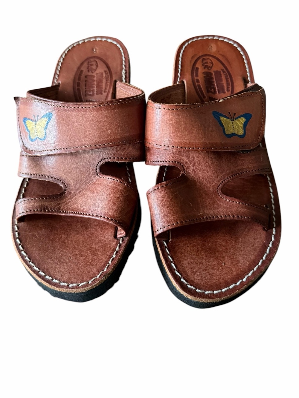 Hermanos Gomez•Brown Leather Slide Sandals with Butterfly Accent